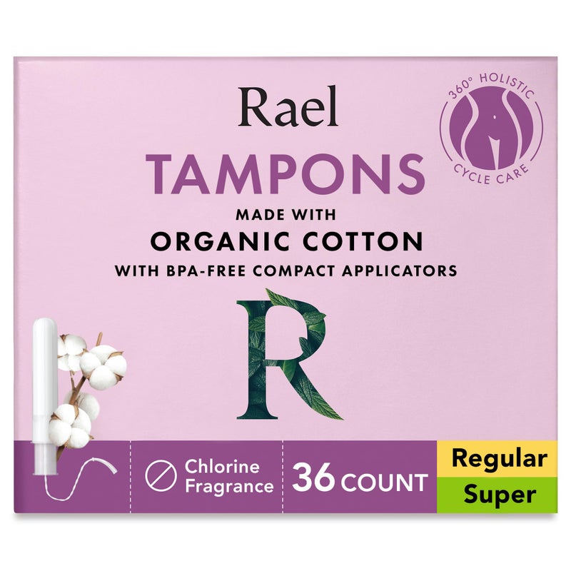 Rael Tampons Compact Applicator Tampon Made with Organic Cotton Multipack Regular and Super Absorbency BPAFree ChlorineFree Leak Locker Technology 36 Count Bundle